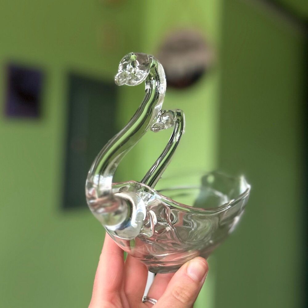 VTG Dainty Shiny Elegant Glass Swan Mama + Baby Bird Trinket Dish Set of 2 - Picture 2 of 12
